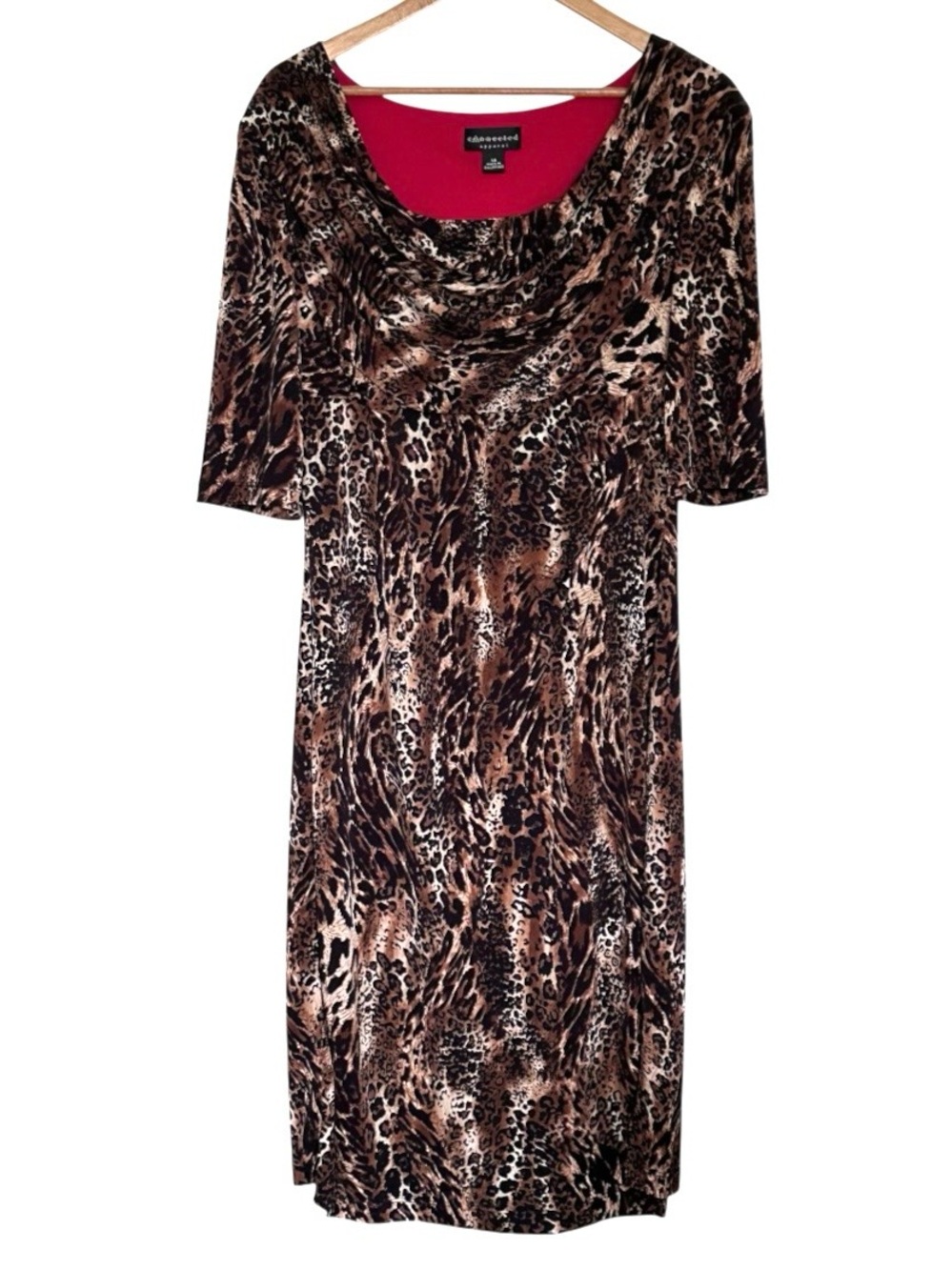 Connected Apparel Dress Women’s Size 14 Leopard Cowl Neck Pullover Midi